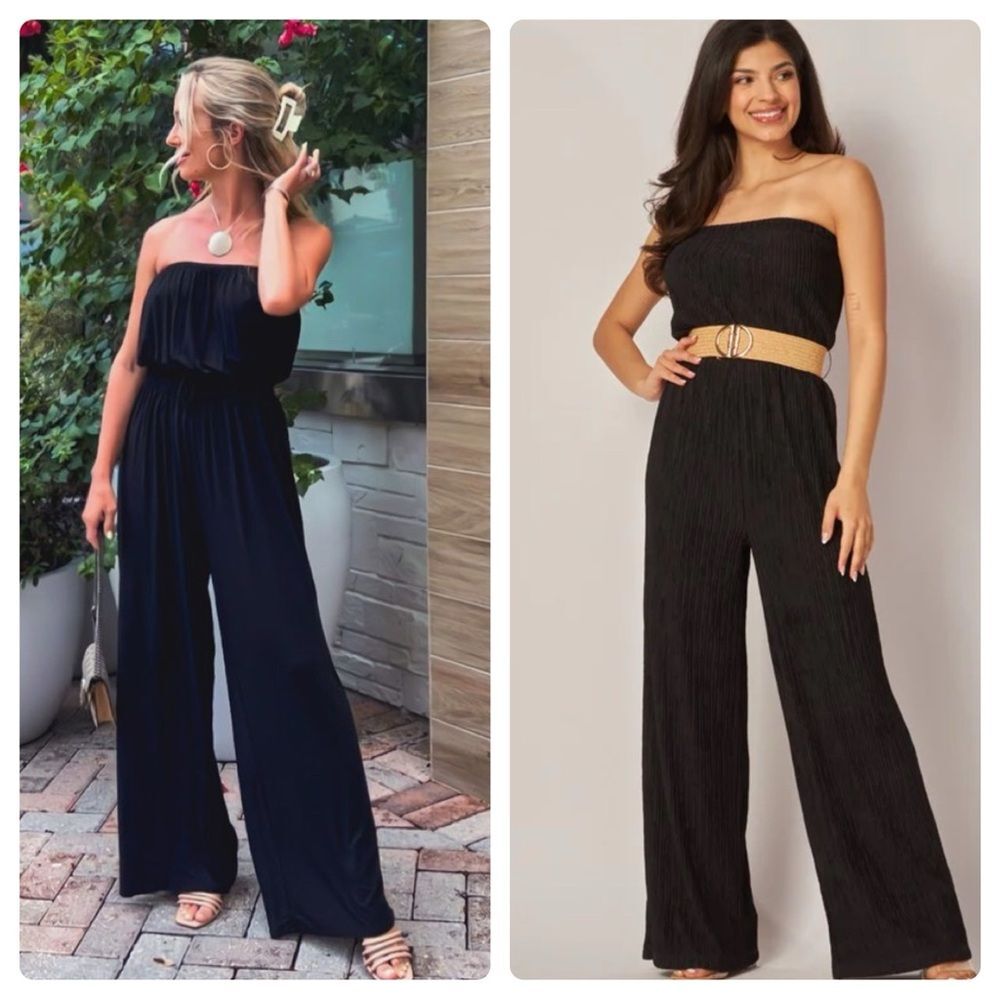 Iris black strapless pleated wide leg jumpsuit size medium